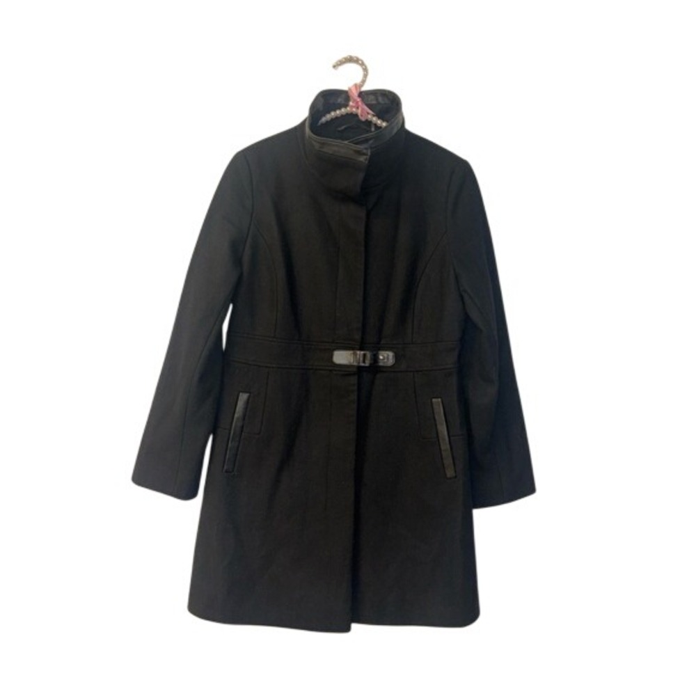 Via Spiga Black Wool Blend FunnelNeck Coat Faux Leather Trim Women 14P Large Y2k